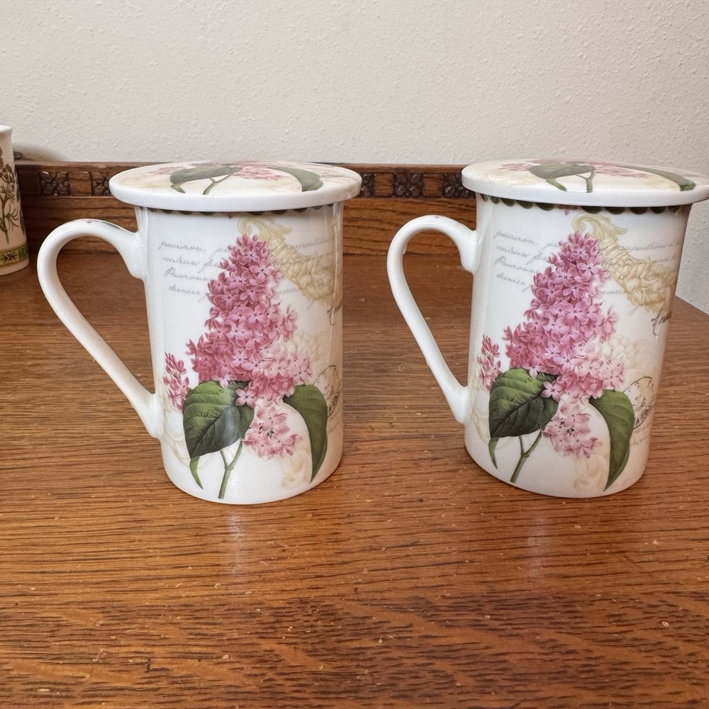 Kent Pottery Lilac Mugs with Lids Set of 2 Floral Butterfly Teacups 4.25"